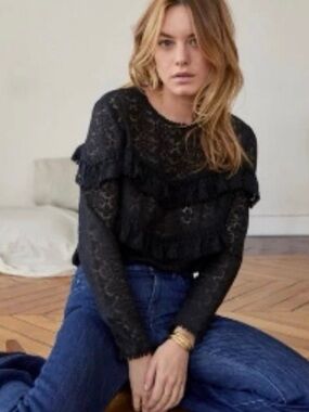 Sezane Ninon Lace Black Ruffle Boho Top size small